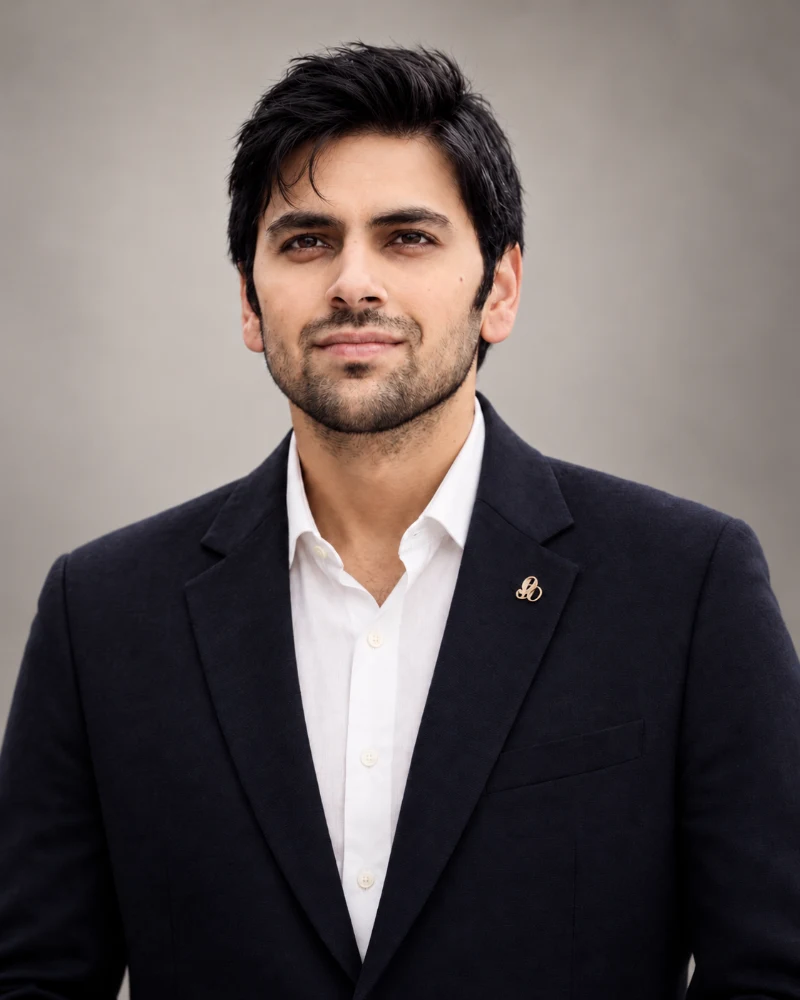 Portrait of Nouman Nafees in a dark jacket and white open-collared shirt against a warm grey background.