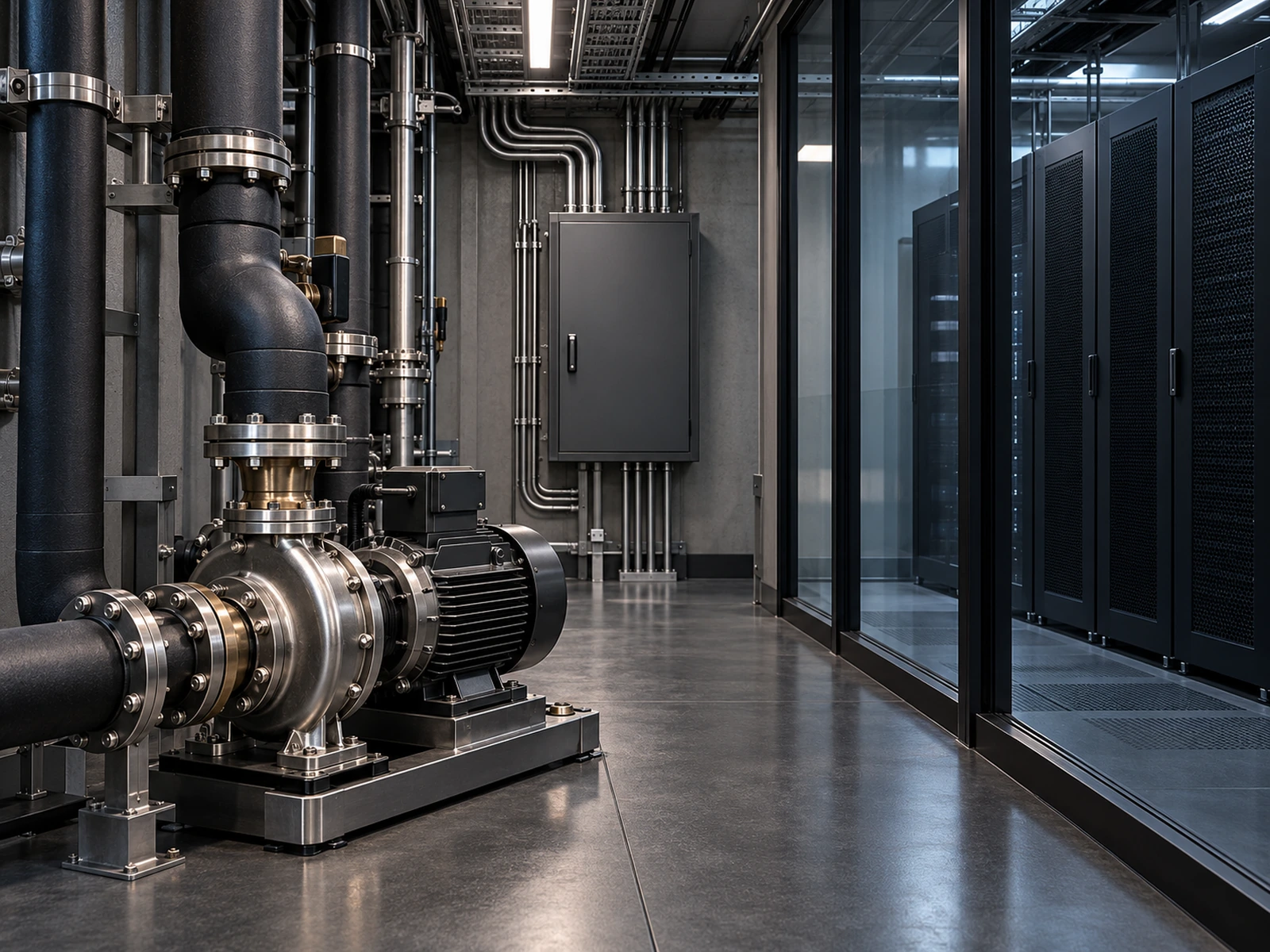 A plant corridor: an insulated pipe circuit and a stainless centrifugal pump in the foreground, a grey control cabinet fed by conduit on the back wall, and computing racks behind a glass partition at right.