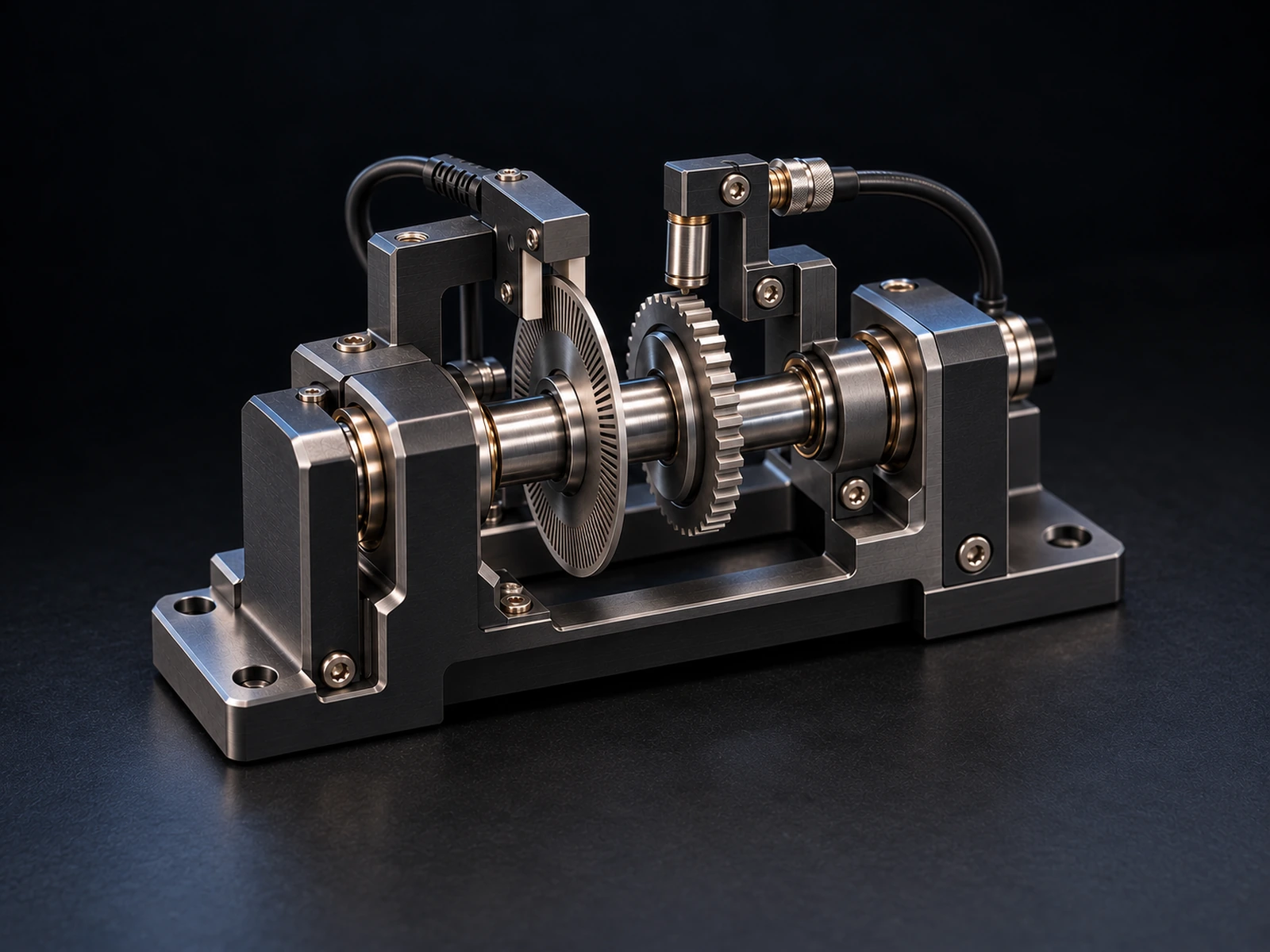 A precision test fixture on a dark surface: a steel shaft held in bearing blocks carries an encoder disc and a toothed wheel, each read by a cabled sensor.