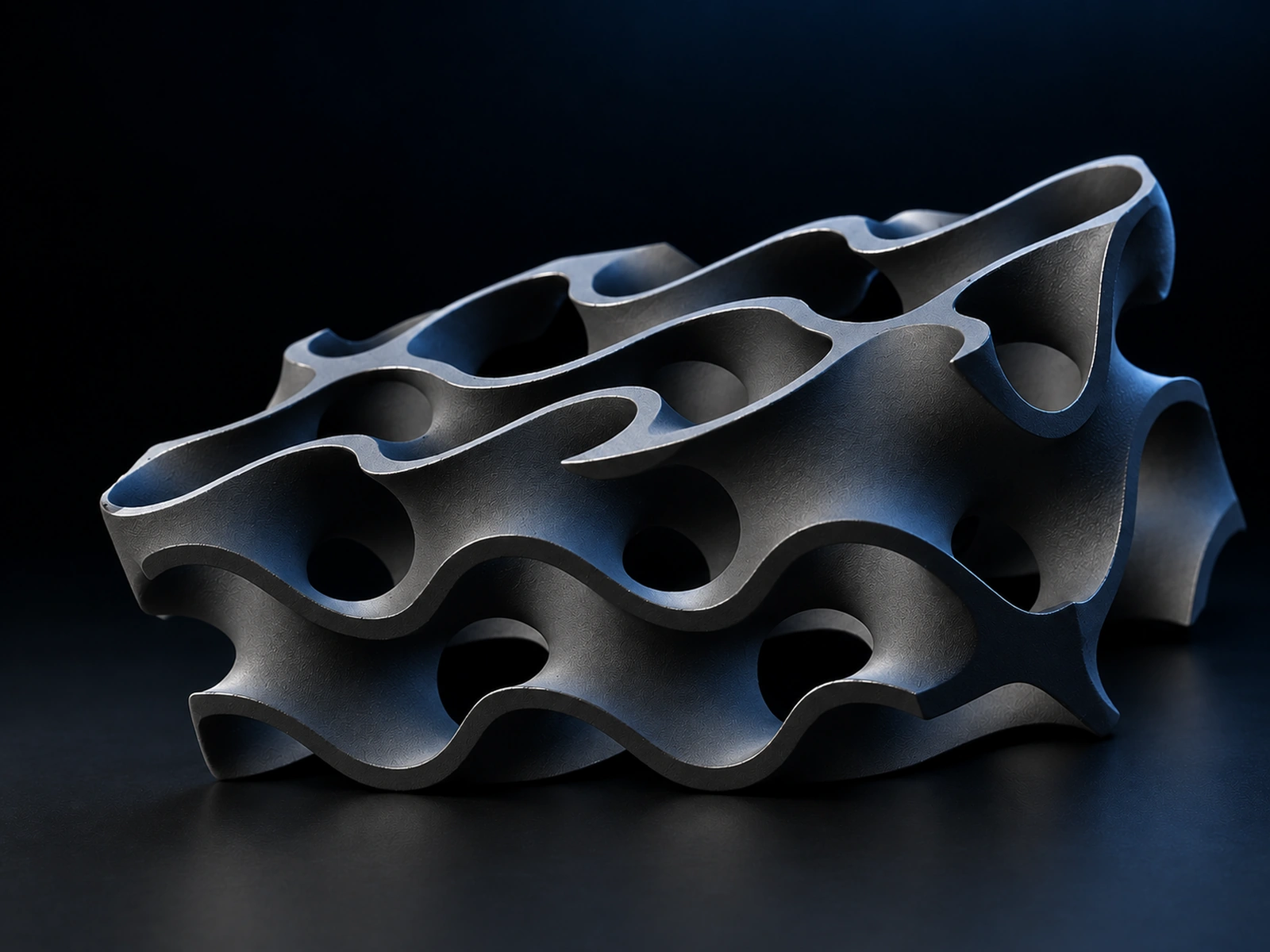 Graphite-dark gyroid-like microstructure with connected openings, resting on a dark surface under blue edge light.