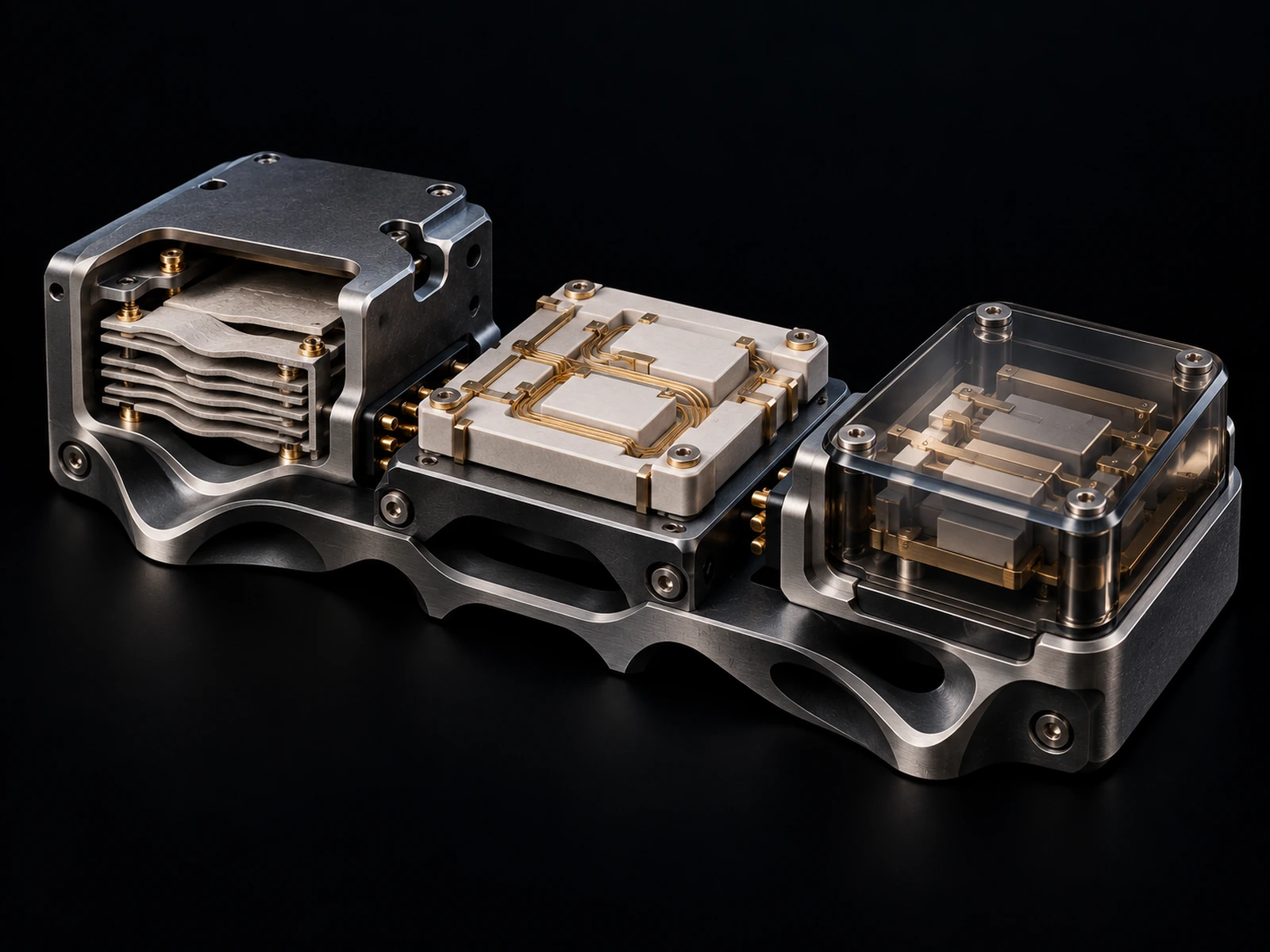 Three connected precision modules on a dark background: an open titanium housing with stacked plates, a white ceramic module with gold traces, and a module under a clear cover, joined by a machined base.