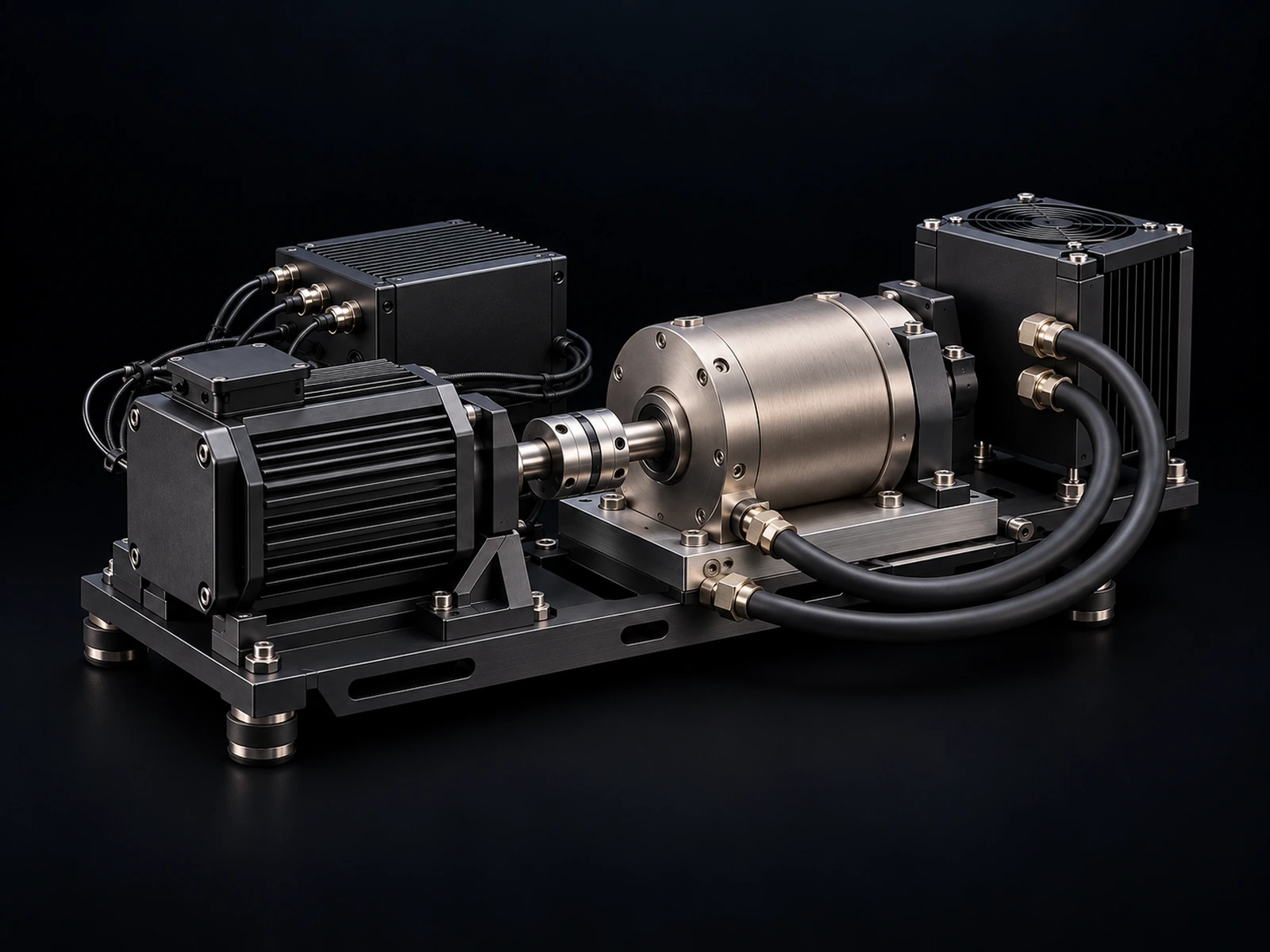 A machine assembly on a dark background: an electric motor coupled by a shaft to a brushed-metal load unit, with a control enclosure, a cooling unit and coolant hoses on a shared base plate.