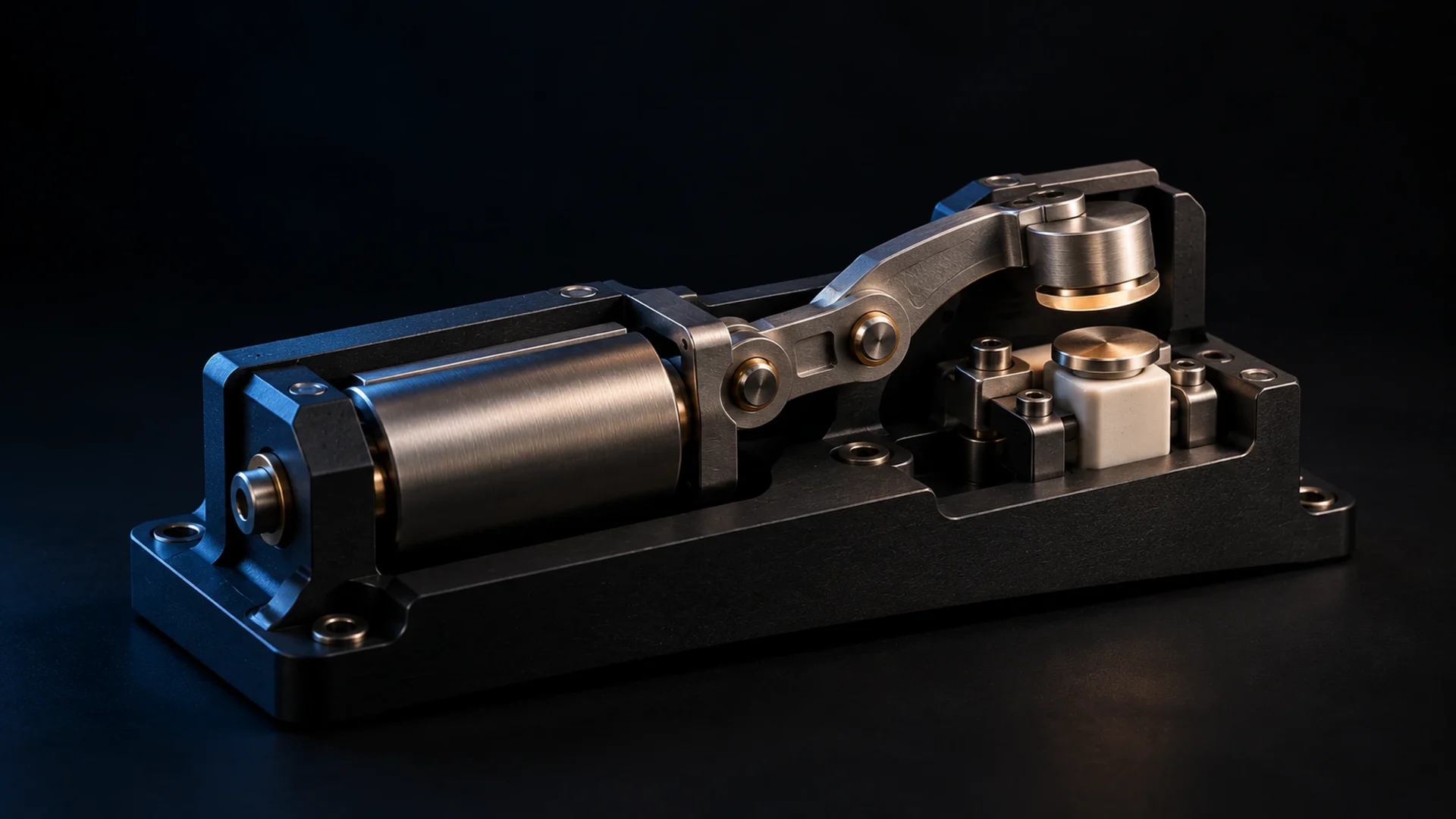 A graphite and satin-metal switching mechanism against black, with open contacts catching a narrow warm reflection.
