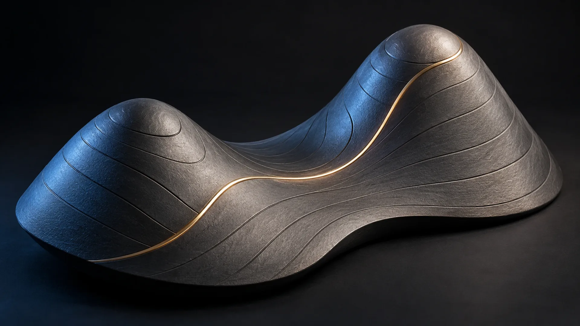 A graphite surface rises into two peaks, with blue light revealing its contours and a fine gold path crossing the form.